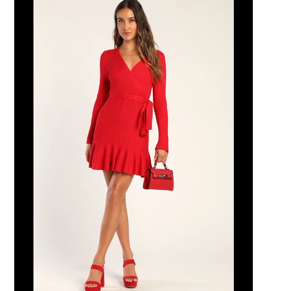 Lulus Red Ribbed Knit‎ Long Sleeve Wrap Skater Sweater Dress XL NWT